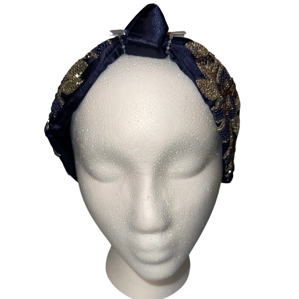 Headband Navy Blue & Gold Embellished Beaded Floral Knot